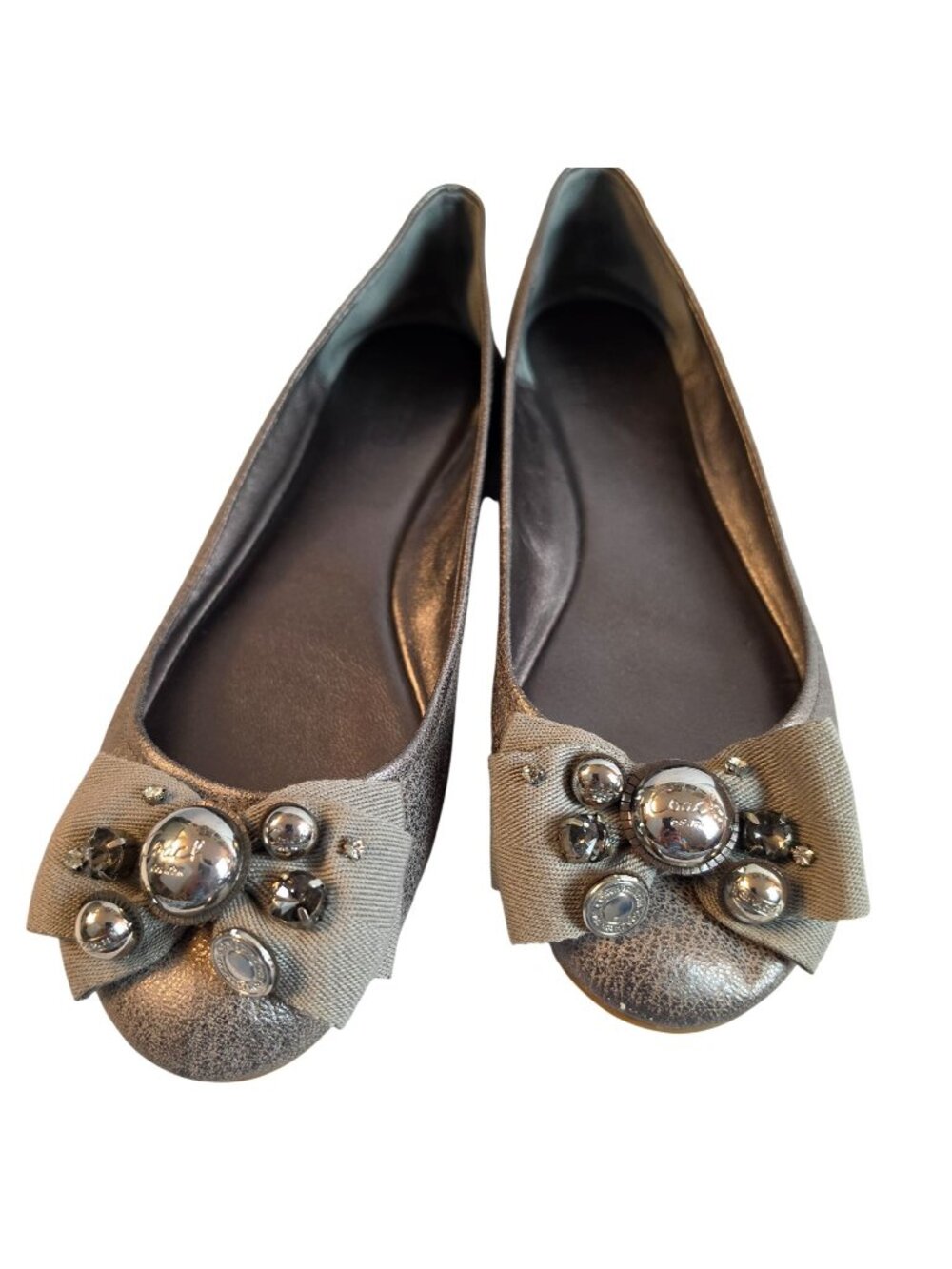 Coach Poppy Caper Ballet Flats Womens 7.5 Metallic Pewter Leather Jeweled Bow Y2